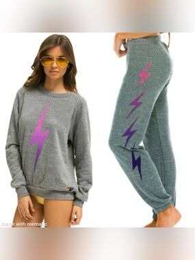 Aviator Nation Bolt Faded Ombre SET Pink Purple Heathered Gray Small Top/Bottoms